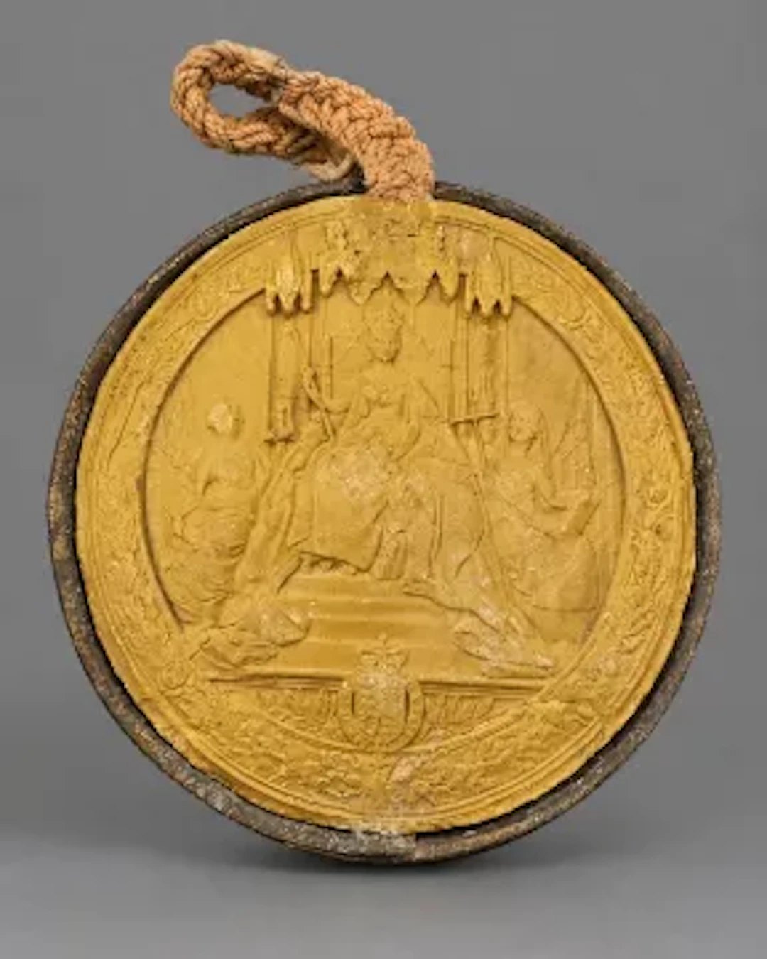 A Victorian yellow wax 'Great Seal of the Realm', 16cm diameter, with