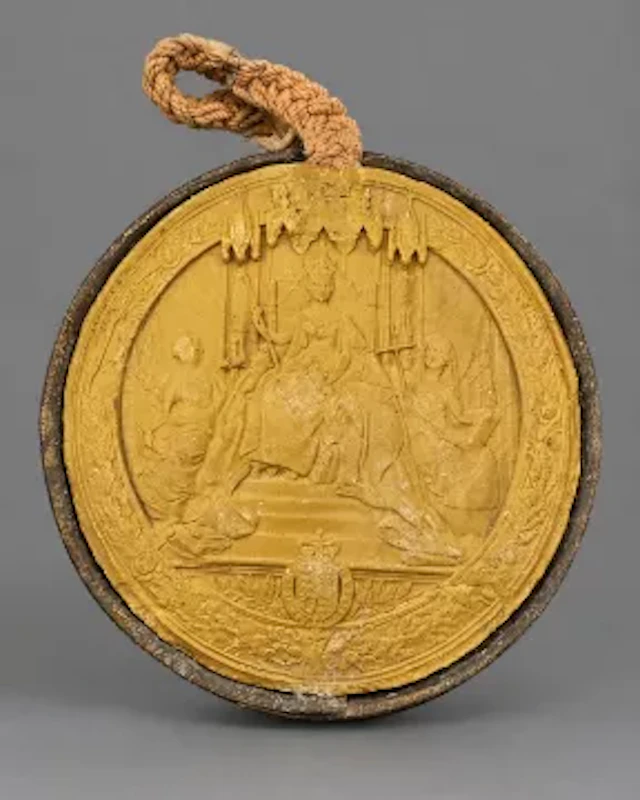 A Victorian yellow wax 'Great Seal of the Realm', 16cm diameter, with