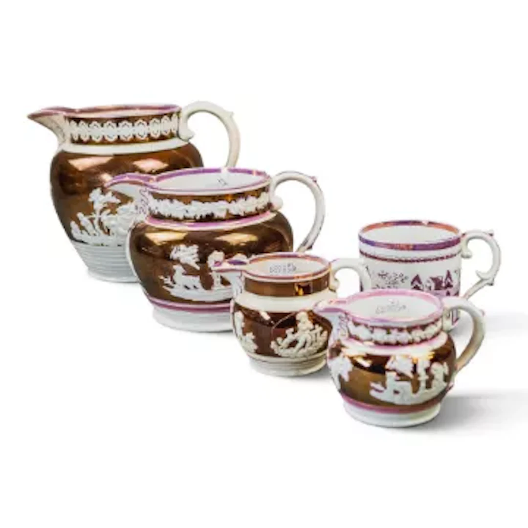 A group of five English porcelain 19th century lustre wear pieces