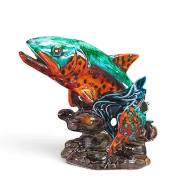 Anita Harris large model of a leaping salmon in multiple colours.