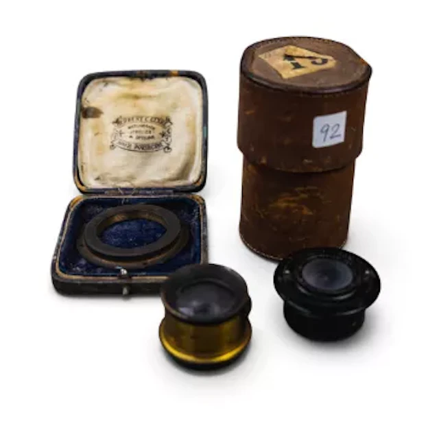H.B.M. Co. 100mm f/4.5 Ensar Anastigmat lens with leather lens case