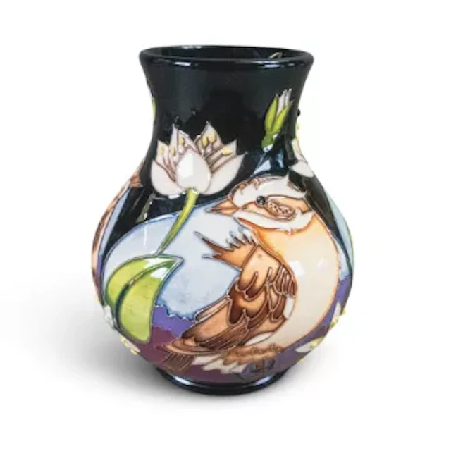 Moorcroft Whinchat vase 869/6, L/E 12/15. Signed by designer Vicky