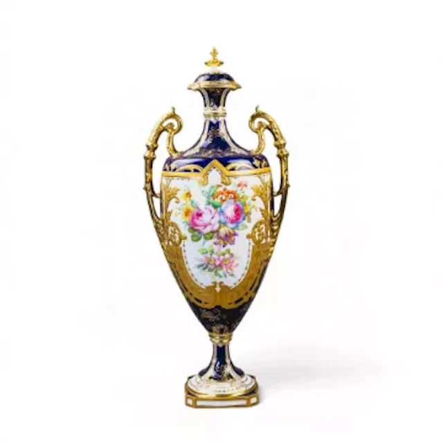 A large Royal Crown Derby 2 handled urn vase, decorated with floral