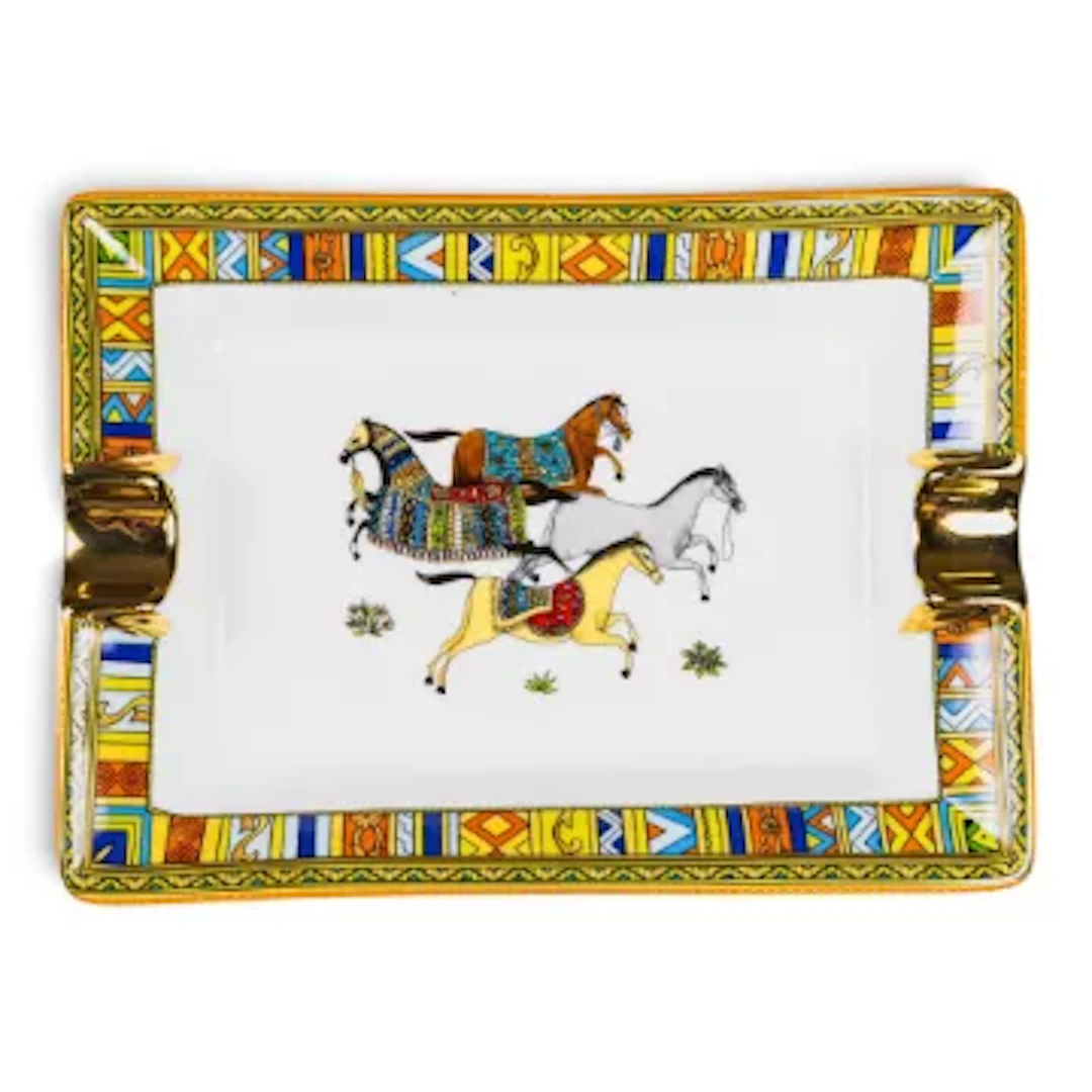 A Hermes Porcelain rectangular ash tray, with horses to centre and