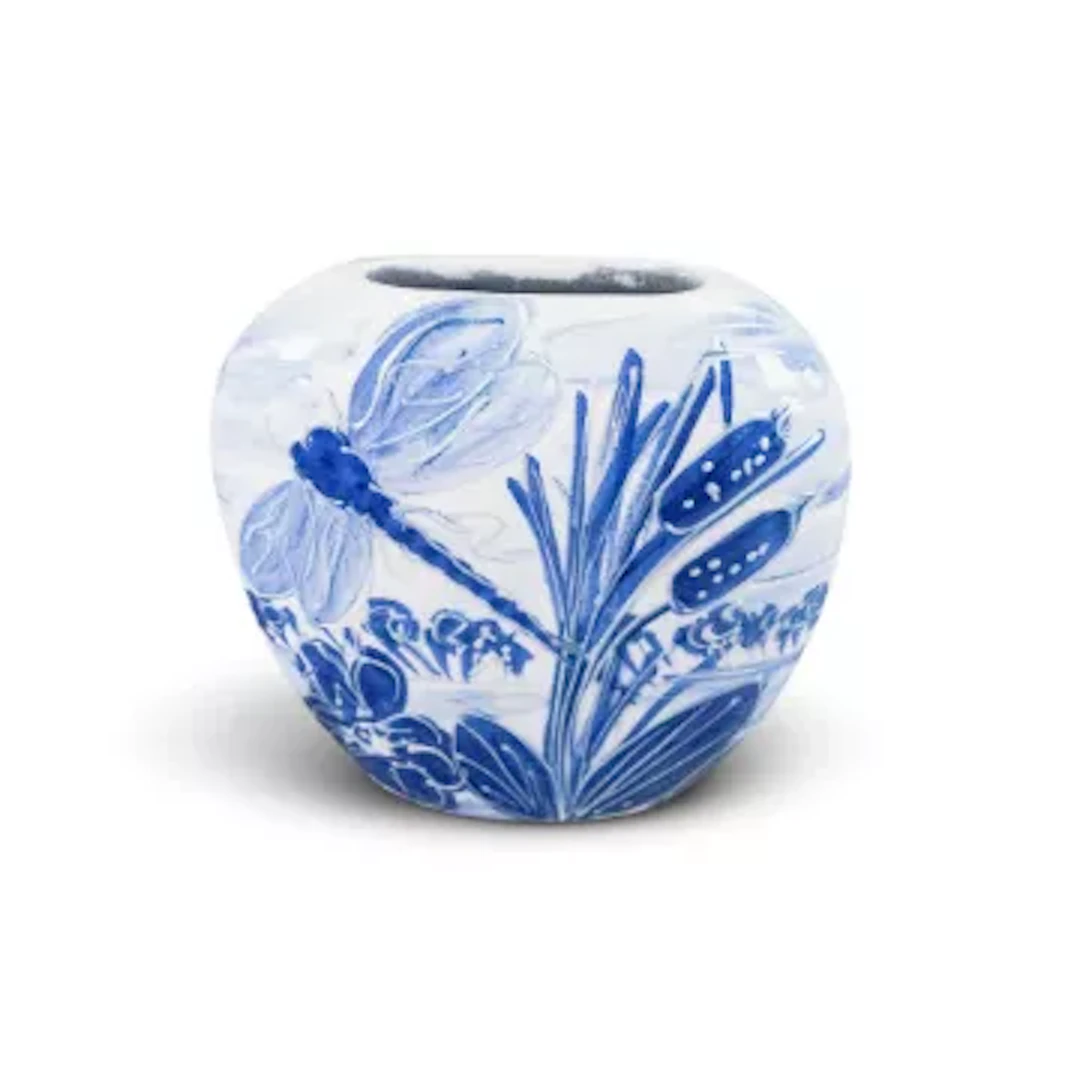 Anita Harris blue and white lustre dragonfly purse vase. Height 12