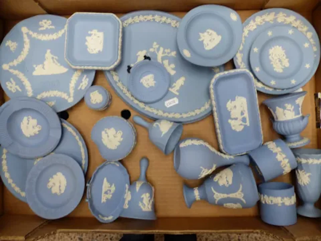 A collection of Wedgwood jasperware items in powder blue, to include