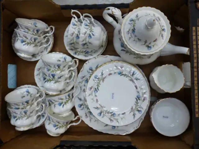 Royal Albert Brigadoon pattern tea set, large teapot, 10 cups, 10