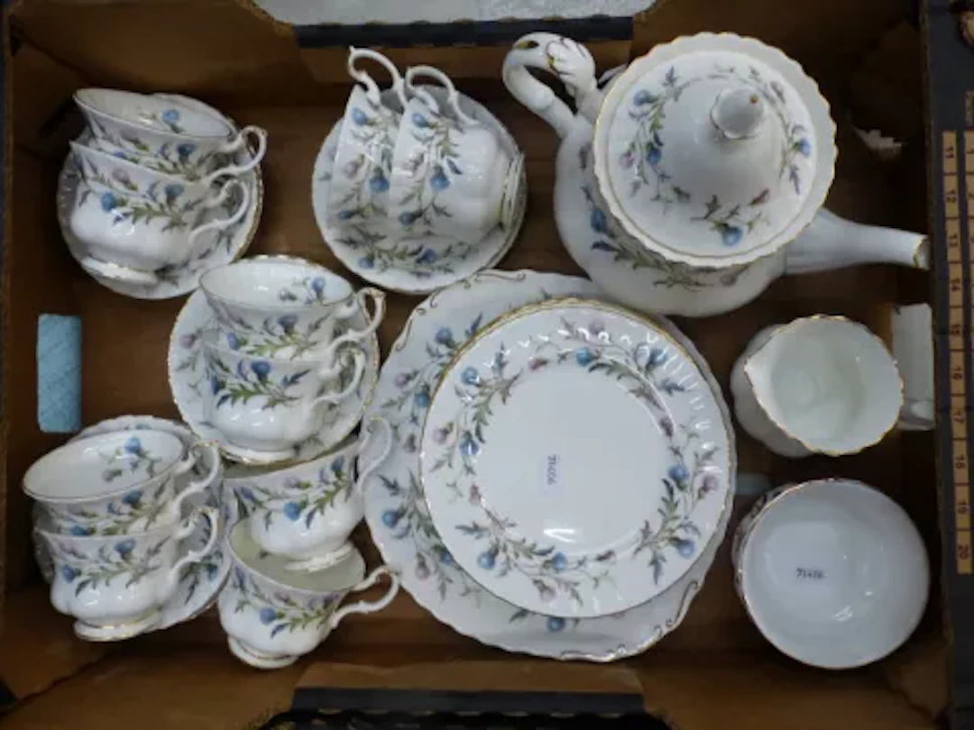 Royal Albert Brigadoon pattern tea set, large teapot, 10 cups, 10