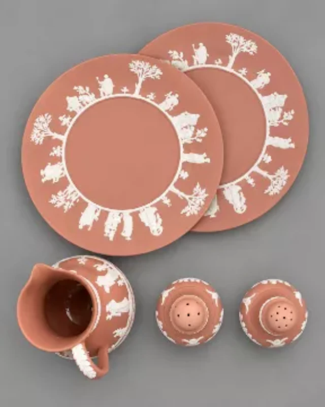 Wedgwood jasperware 2 x 24cm diameter plates, salt and pepper pots