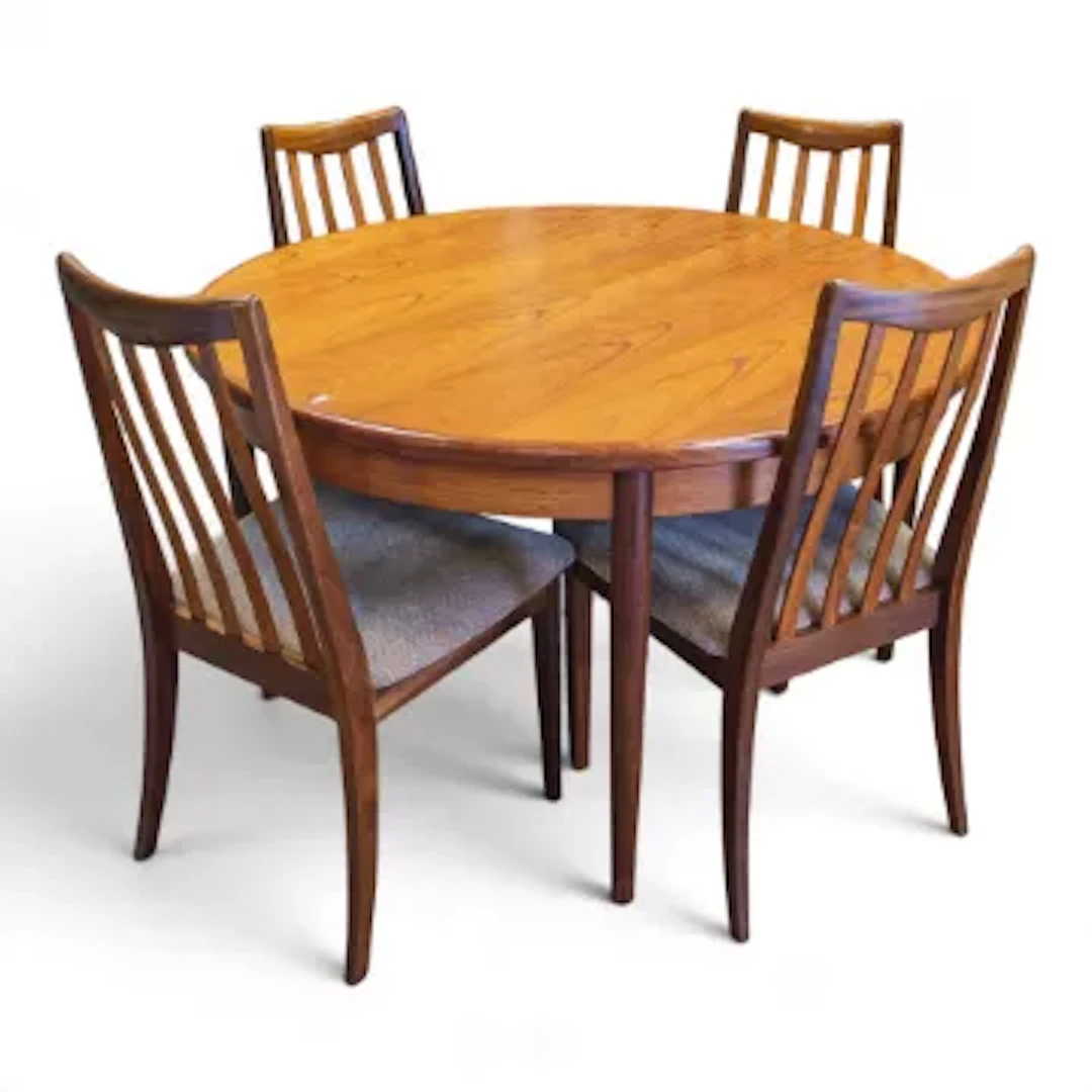 G-Plan Fresco round teak dining table, together with four matching