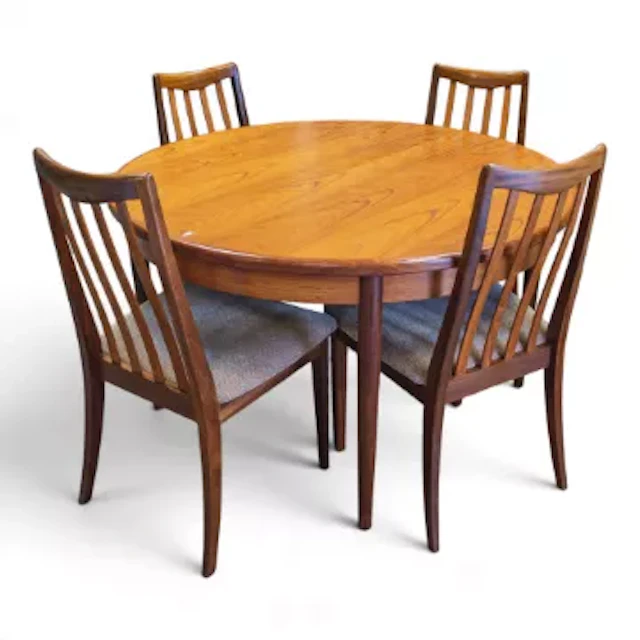 G-Plan Fresco round teak dining table, together with four matching