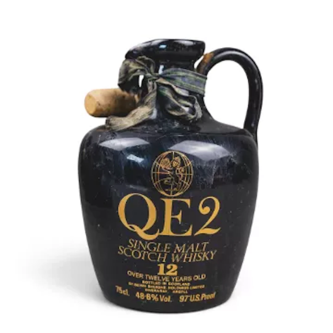 A bottle of QEII, 12 year old single malt Scotch whisky, presented