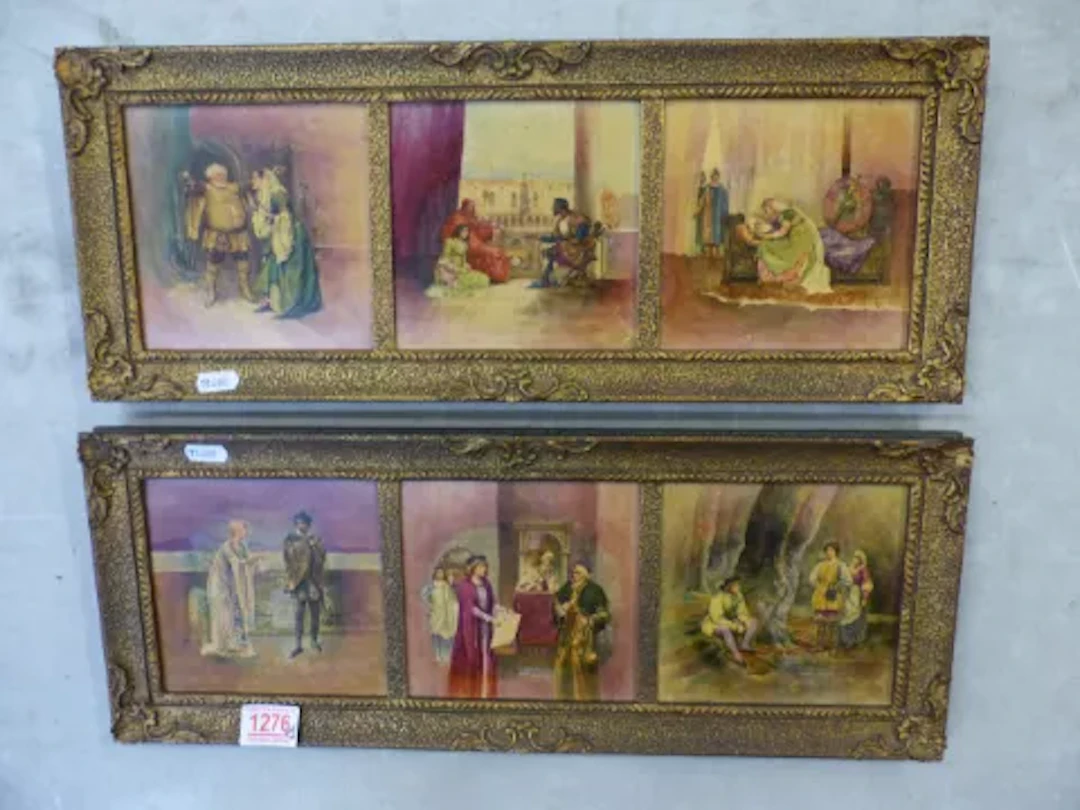 Hand painted tiles depicting Shakespearean scenes, framed as two sets