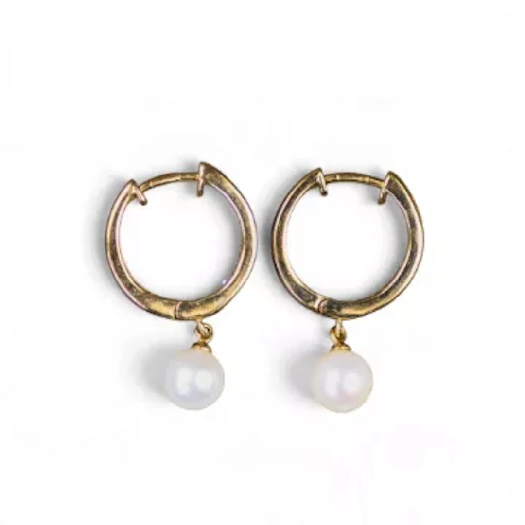 Pair 9ct gold hoop earrings, pave set with white stones and pearl drop, 3.1g.