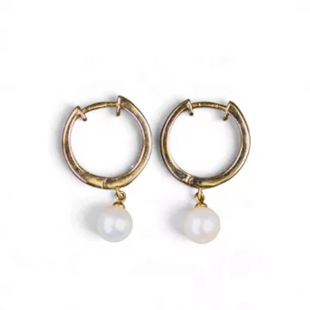 Pair 9ct gold hoop earrings, pave set with white stones and pearl drop, 3.1g.