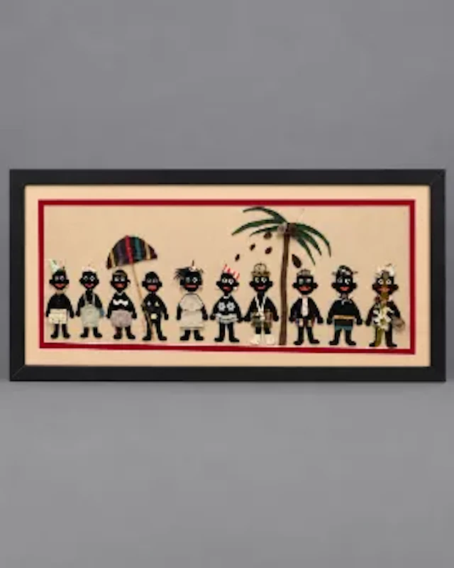 Large wall hanging collage picture depicting African folk, made from