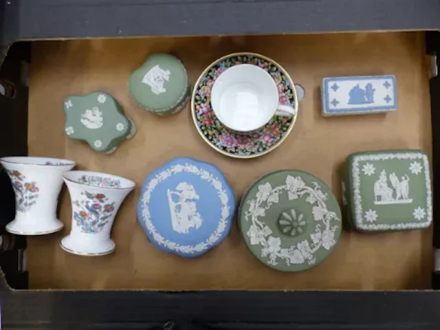 Wedgwood jasperware items in sage green, powder blue and blue on white