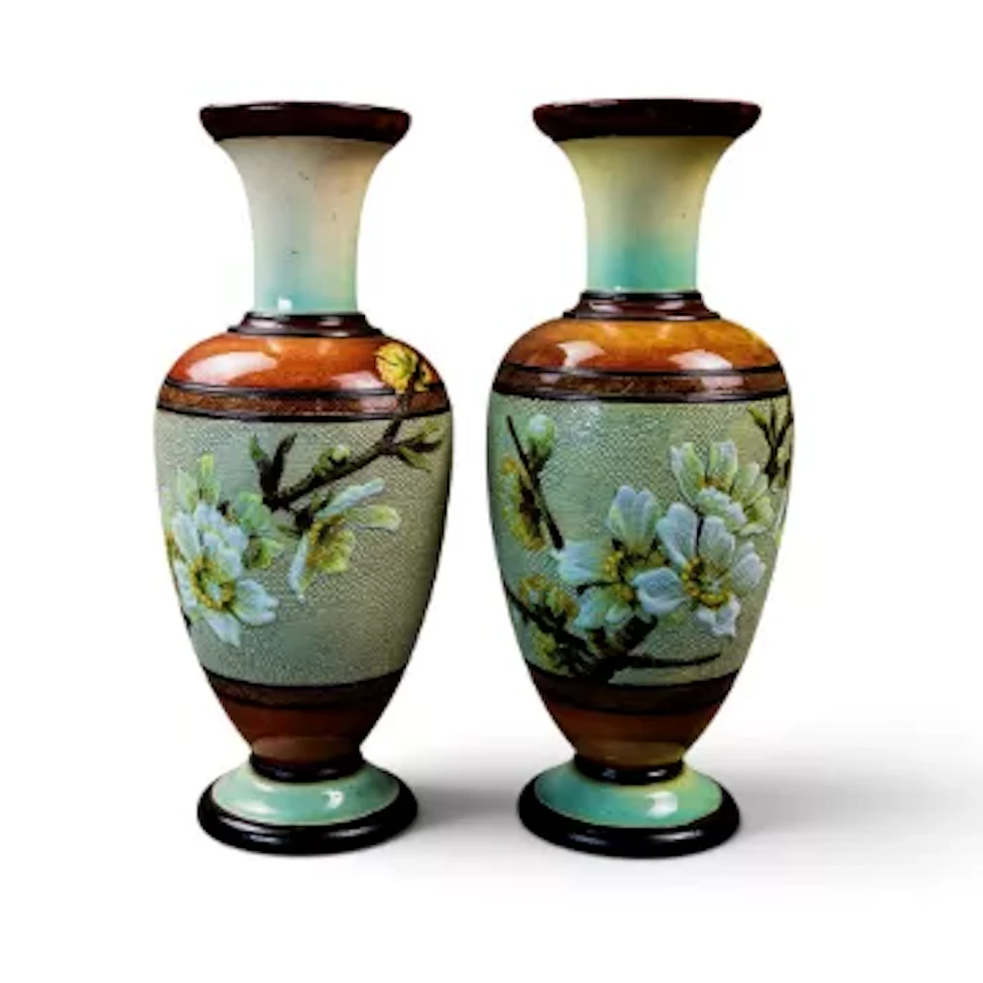 A pair of Doulton Lambeth Faience Slaters vases c1880, decorated in