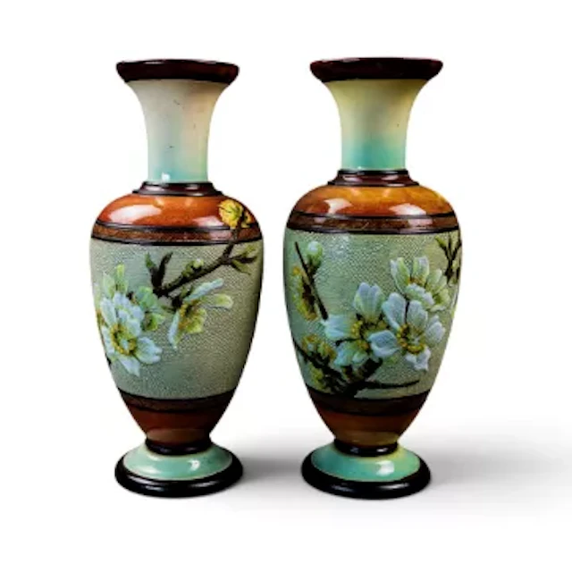 A pair of Doulton Lambeth Faience Slaters vases c1880, decorated in
