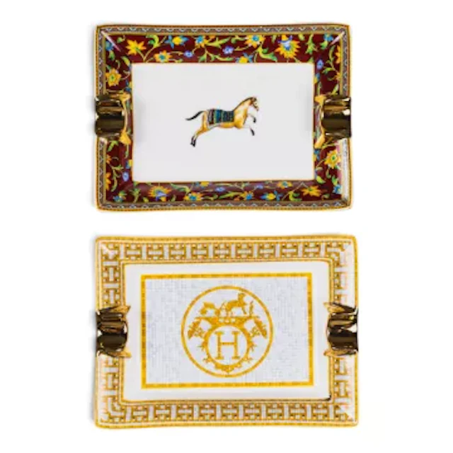 Two Hermes porcelain rectangular ash trays, one with a horse to centre