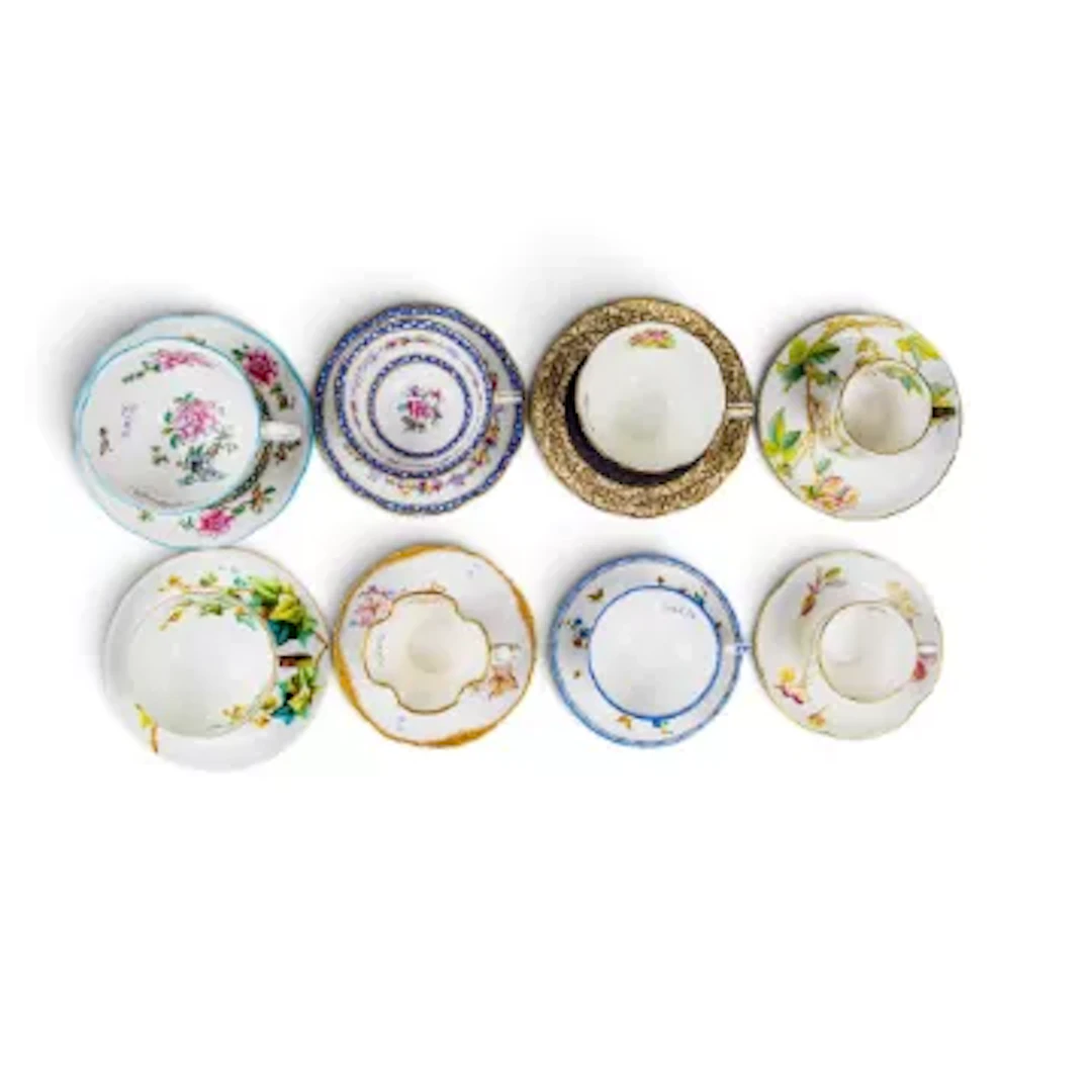 A group of 8 cups & saucers by George Jones, Crescent China, of various