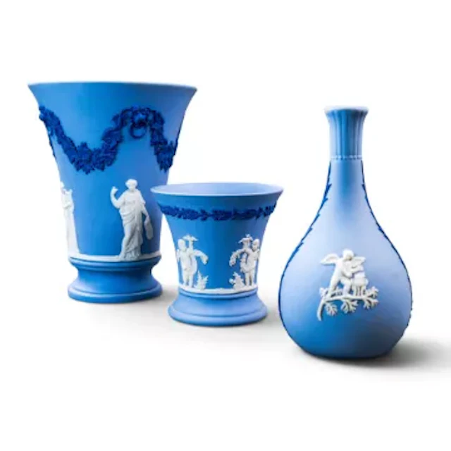 Wedgwood Tri-Coloured Jasperware, white/dark blue relief on pale blue