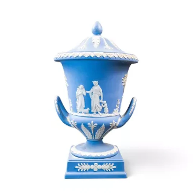 Wedgwood pale Jlue jasperware Campagna urn with cover, complemented