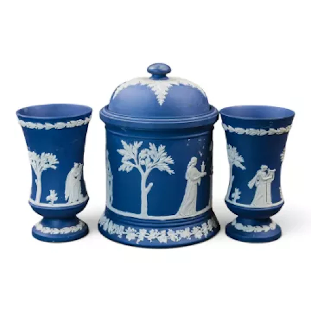 A group of three Wedgwood dark blue Jasperware pieces to include a