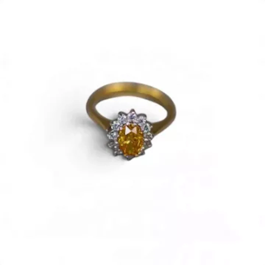 18ct gold ring, set with oval yellow centre stone surrounded by diamonds