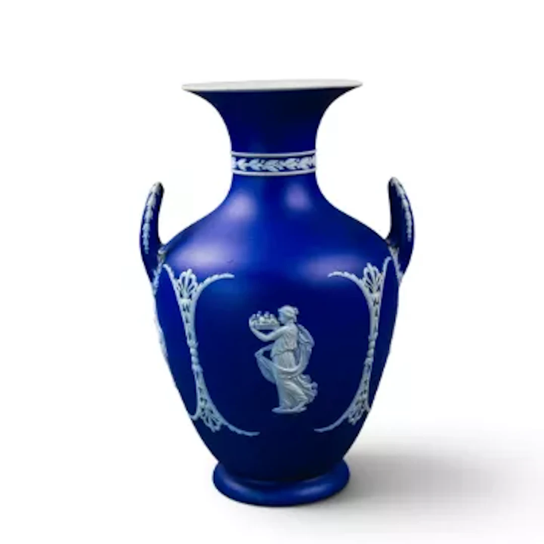 19th Century Dark blue dipped Jasperware two handled urn, decorated