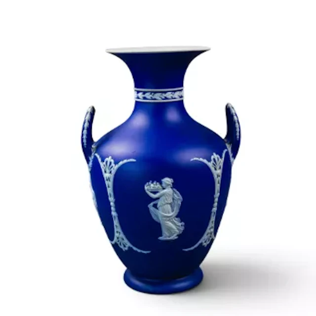 19th Century Dark blue dipped Jasperware two handled urn, decorated