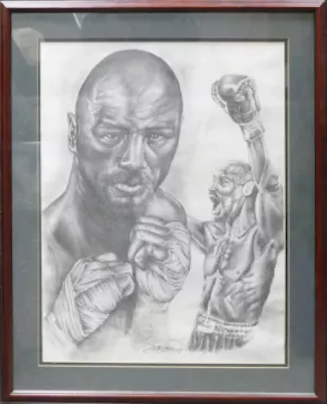 Darren Dean, Marvin Hagler. Pencil on paper. Framed behind glass.