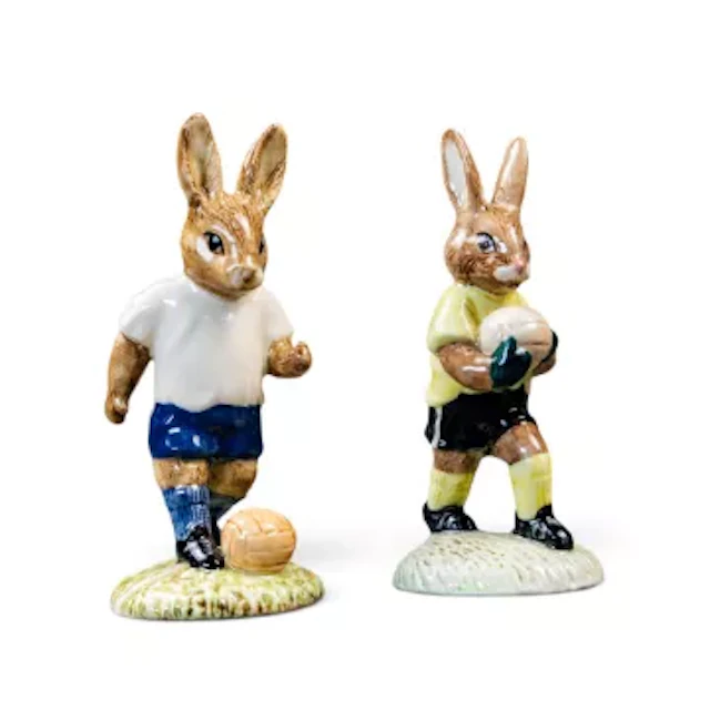 Royal Doulton pair of Bunnykins figures Footballer DB121 and Goalkeeper