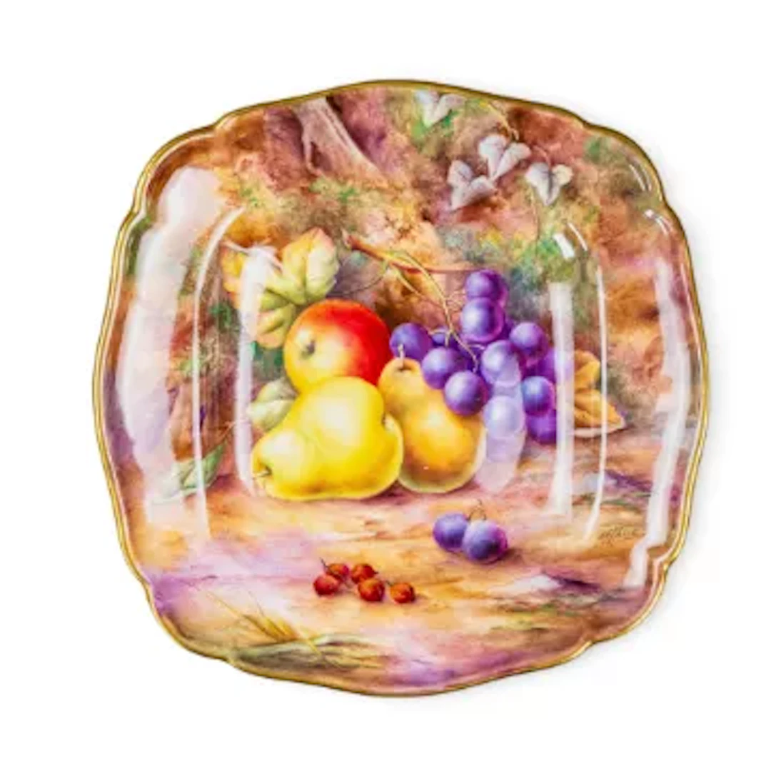 A Royal Worcester porcelain square dish with shaped rim, hand decorated
