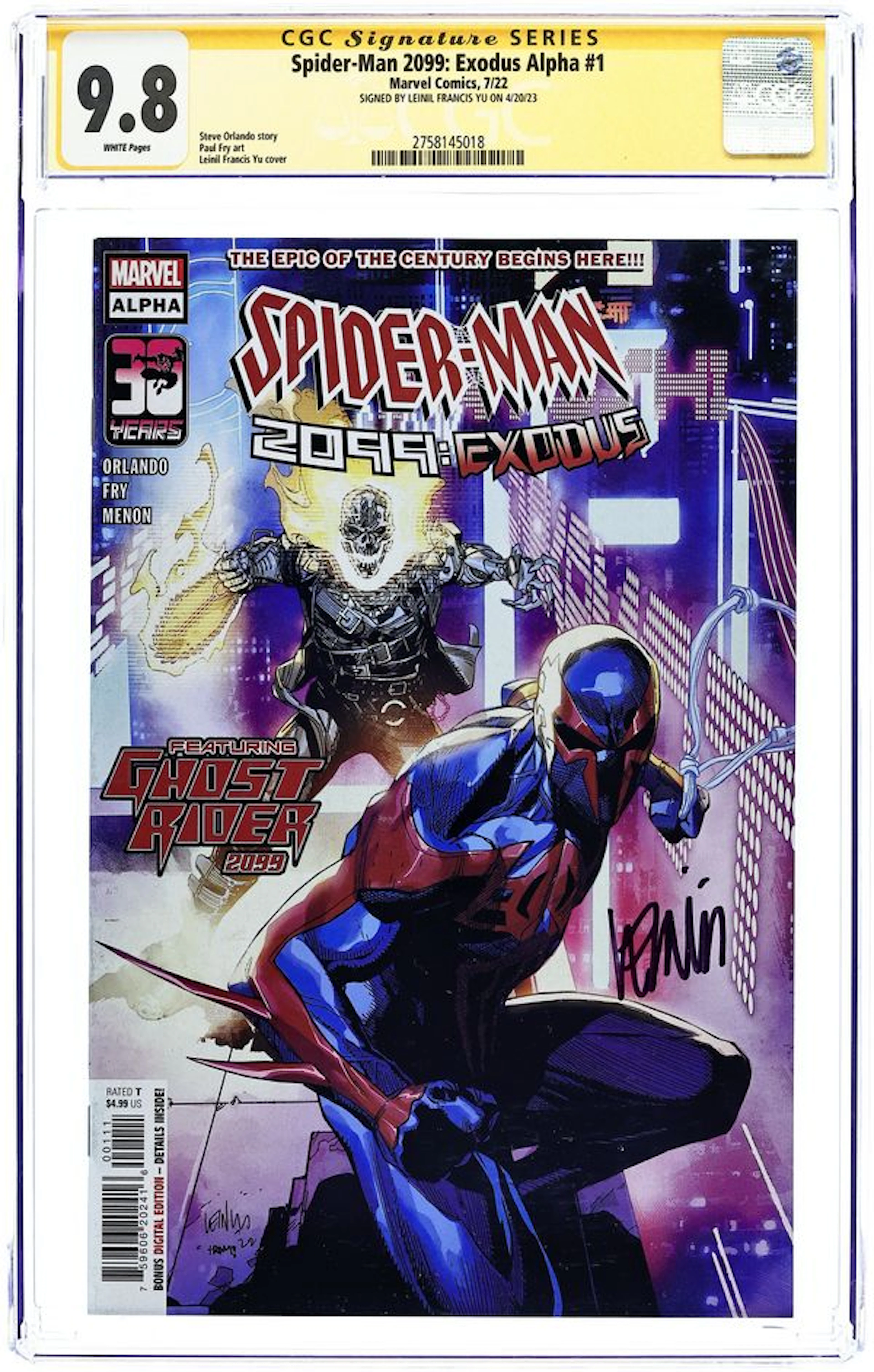 Spider-Man 2099 Exodus Alpha (2022 Marvel) 1A CGC 9.8 SS Francis