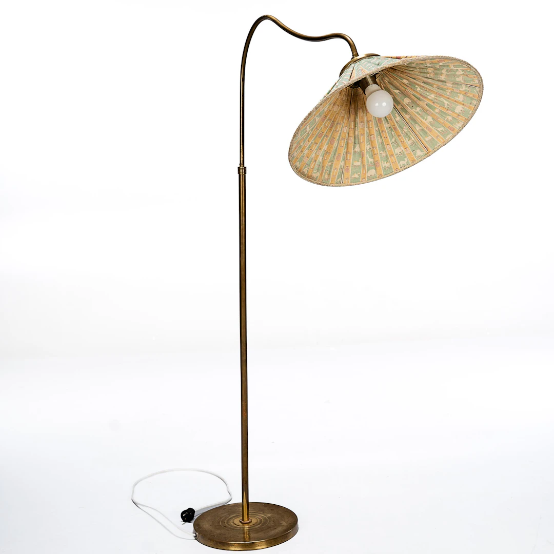 GOLVLAMPA. 1930-tal, Mässing, Textil.