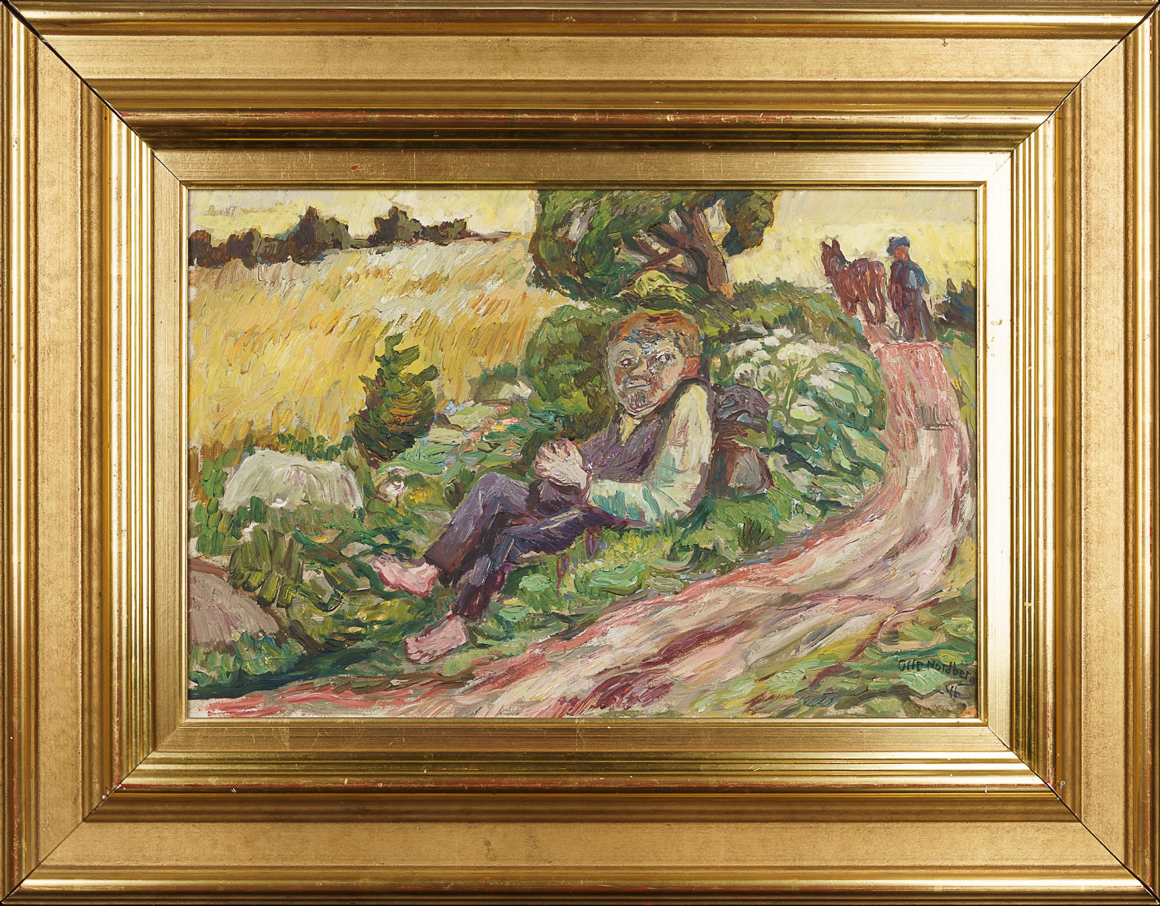 OLLE NORDBERG. Olja på pannå, motiv av vilande man, signerad, daterad 1946.