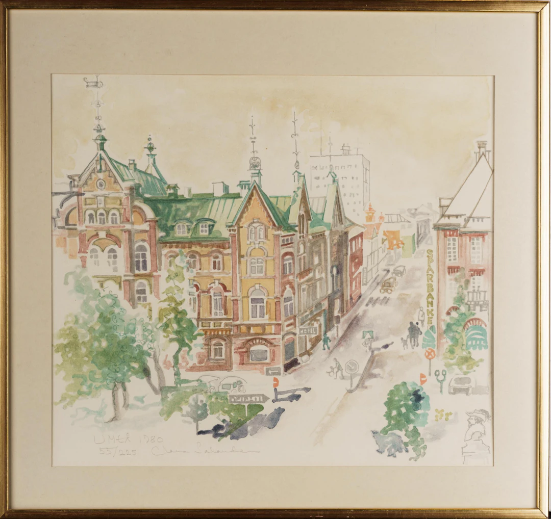 CLARA SALANDER. Färglitografi, "Umeå 1980", 55/225, Signerad.