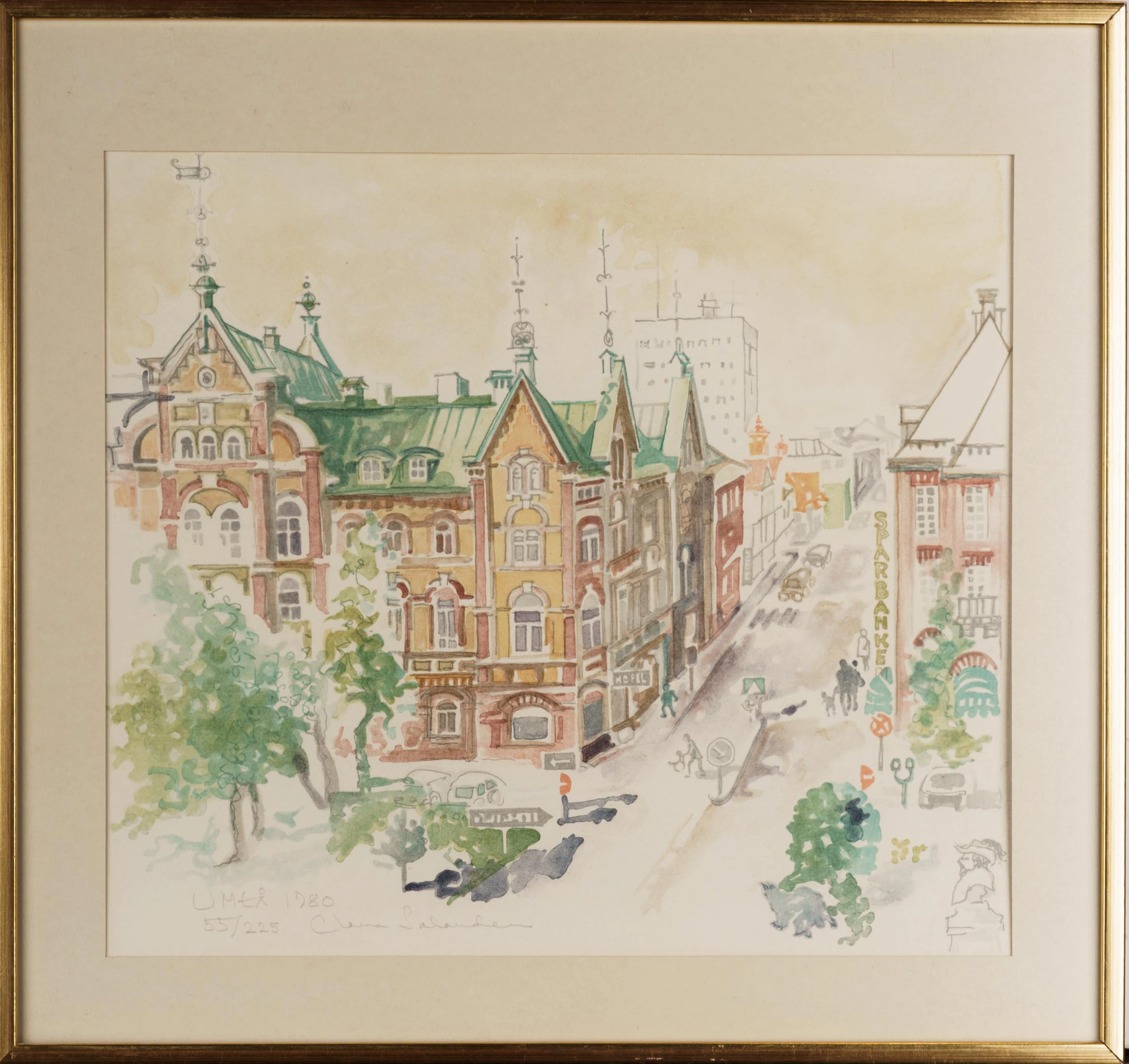 CLARA SALANDER. Färglitografi, "Umeå 1980", 55/225, Signerad.