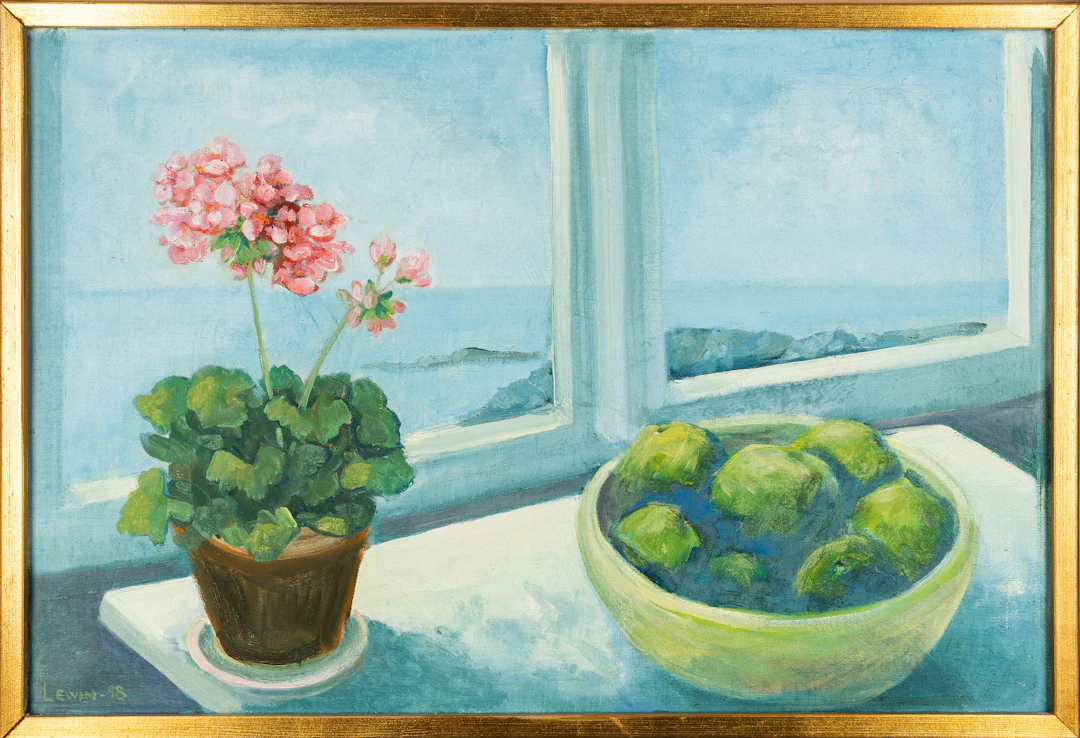 GÖSTA LEWIN. Olja på duk, Stilleben med blomma och frukt, Signerad, 1998.