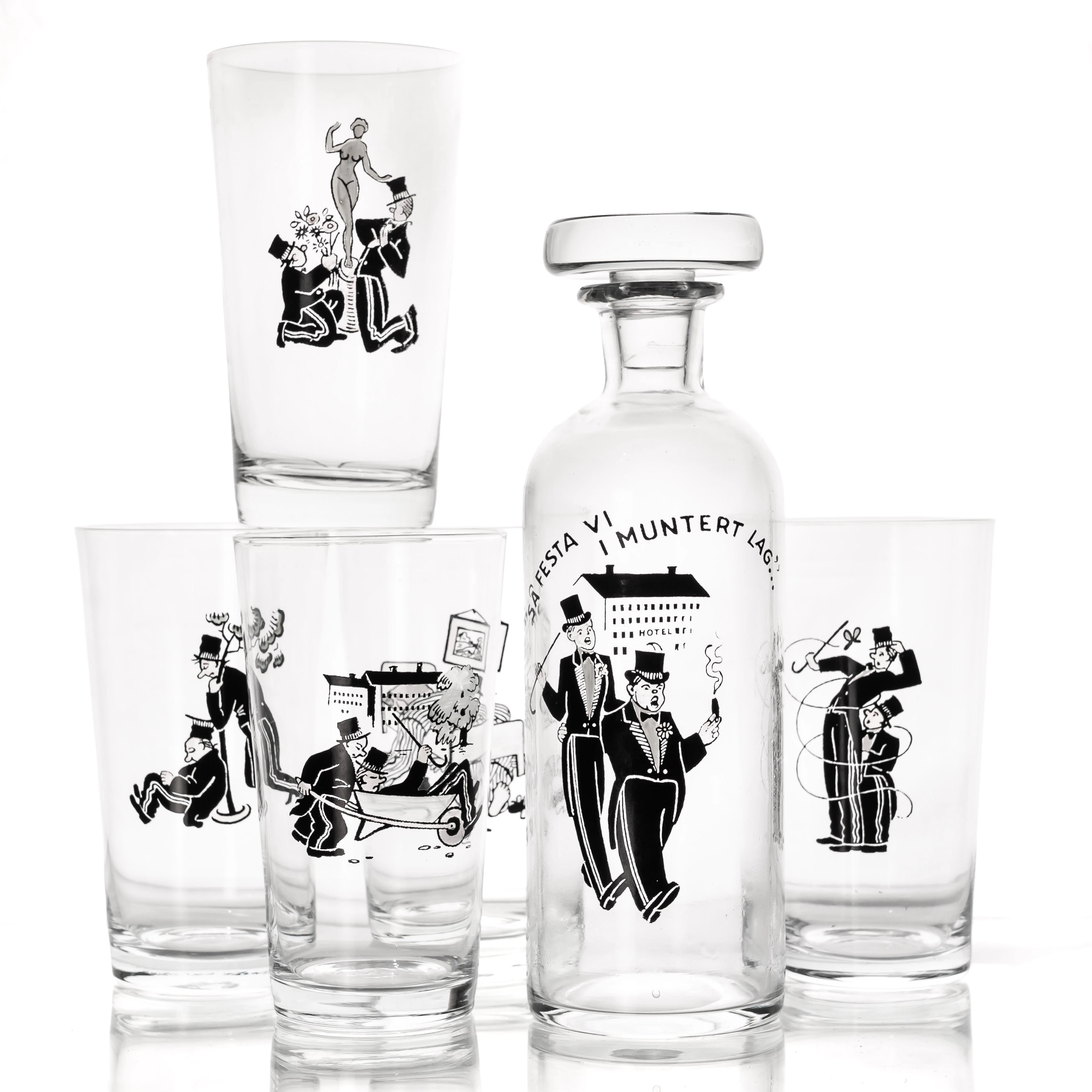 DRINKSERVIS, "Så festar vi i muntert lag", glas, 1900-tal. (6 delar).