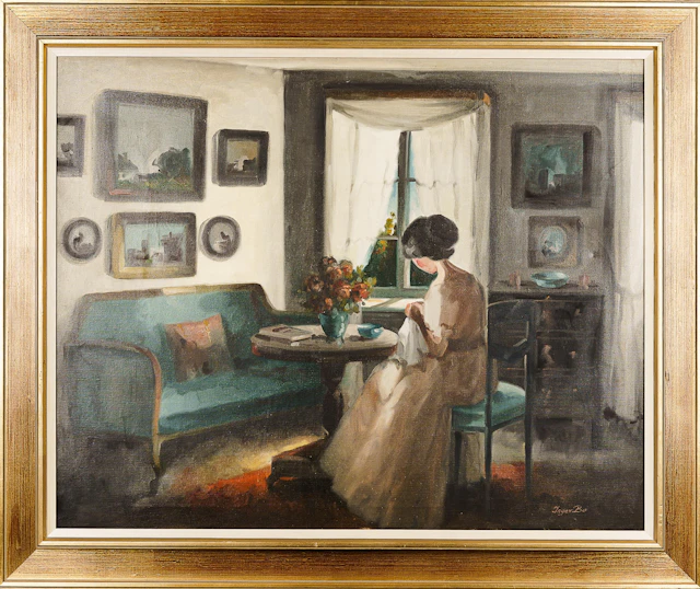 INGER BO. Olja på duk, Figur i interiör, Signerad.