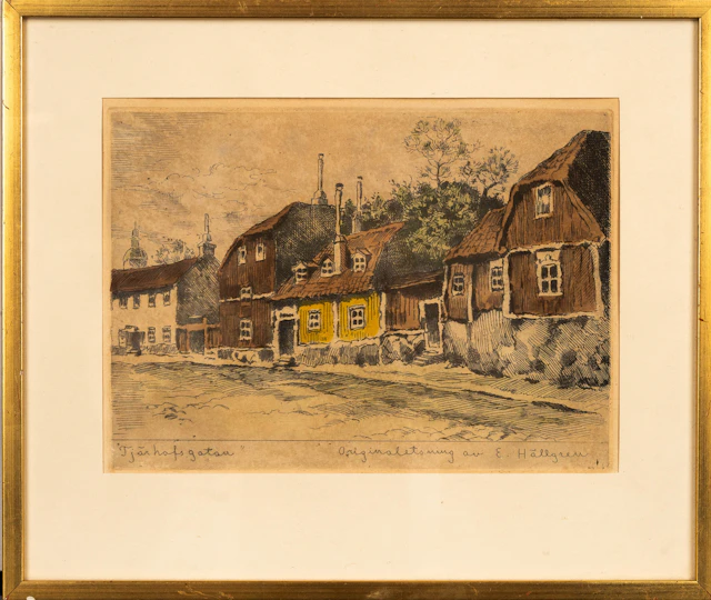ERNST HÄLLGREN. Färgetsning, "Tjärhofsgatan", Signerad.