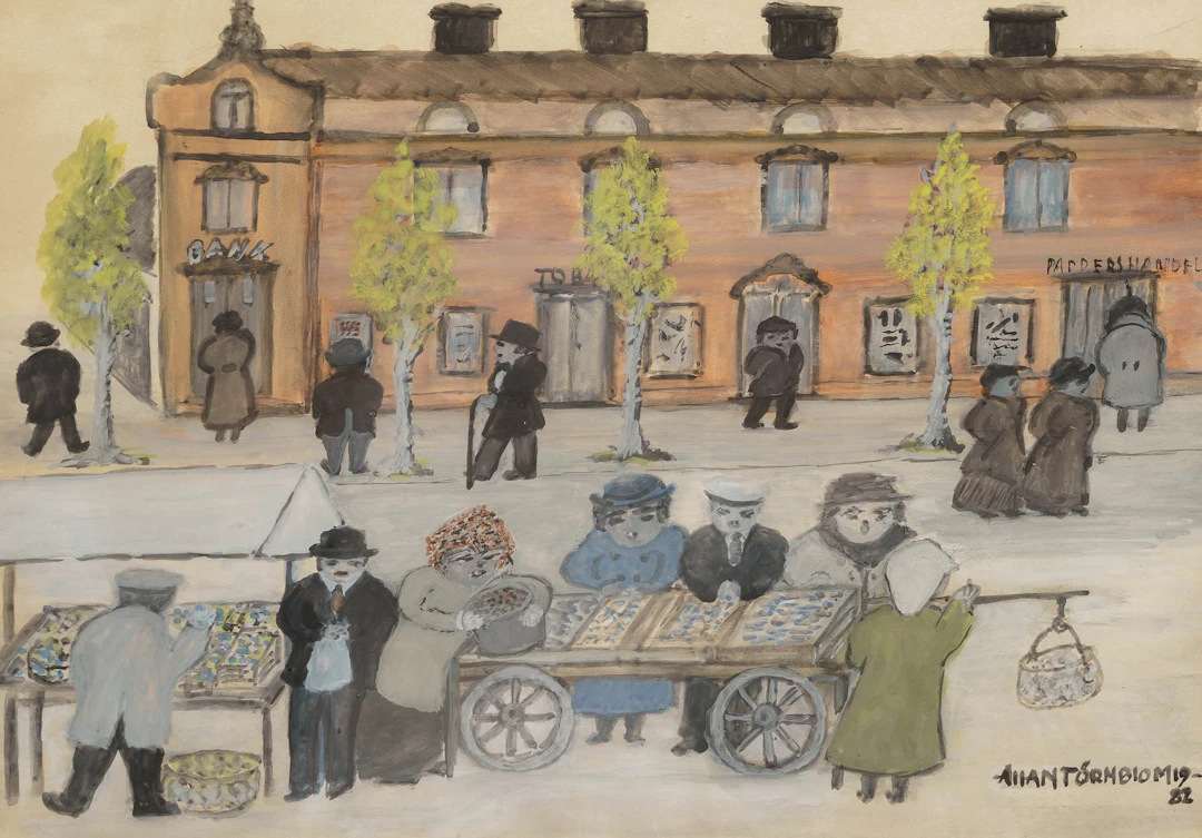 ALLAN TÖRNBLOM. Blandteknik på papper "Folk-strömning på Rådhustorget"