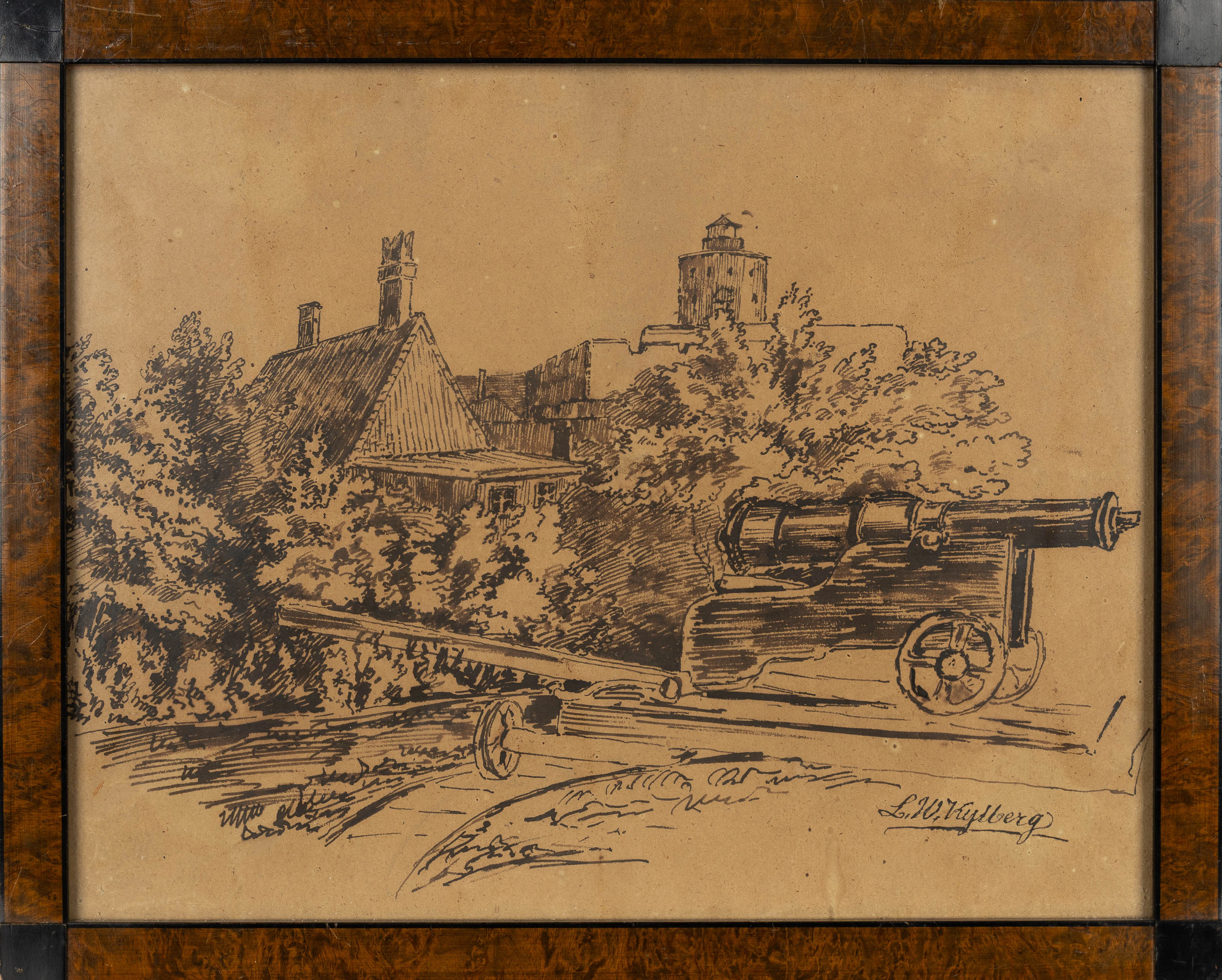 LARS WILHELM KYLBERG. (1798-1865), Blyertsteckning, Kanon vid byggnader