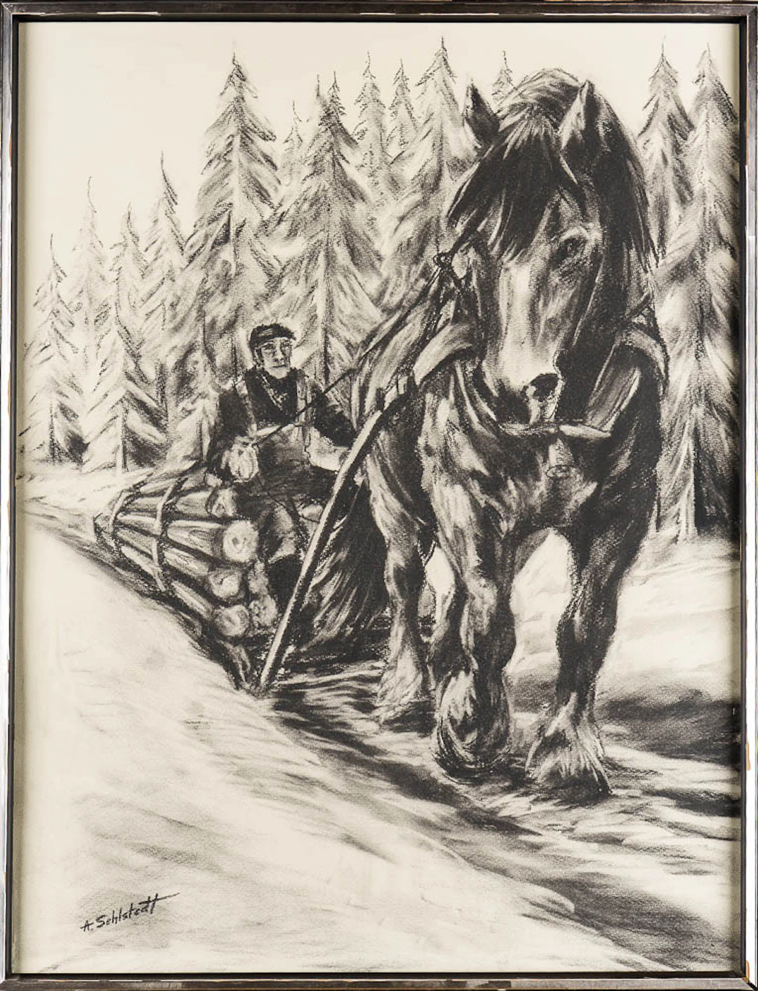 ANN-LIZ SEHLSTEDT. Kolteckning, Häst & Vagn-motiv, Signerad.
