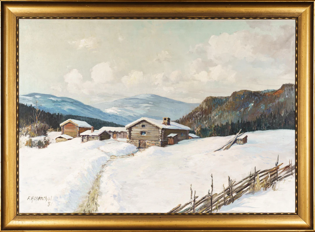 FRITZ ROSENTHAL. Olja på duk, "Fjällandskap med Gårdar", Signerad