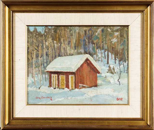 OLLE BLOMBERG. Olja på duk, Hus i landskap Signerad.