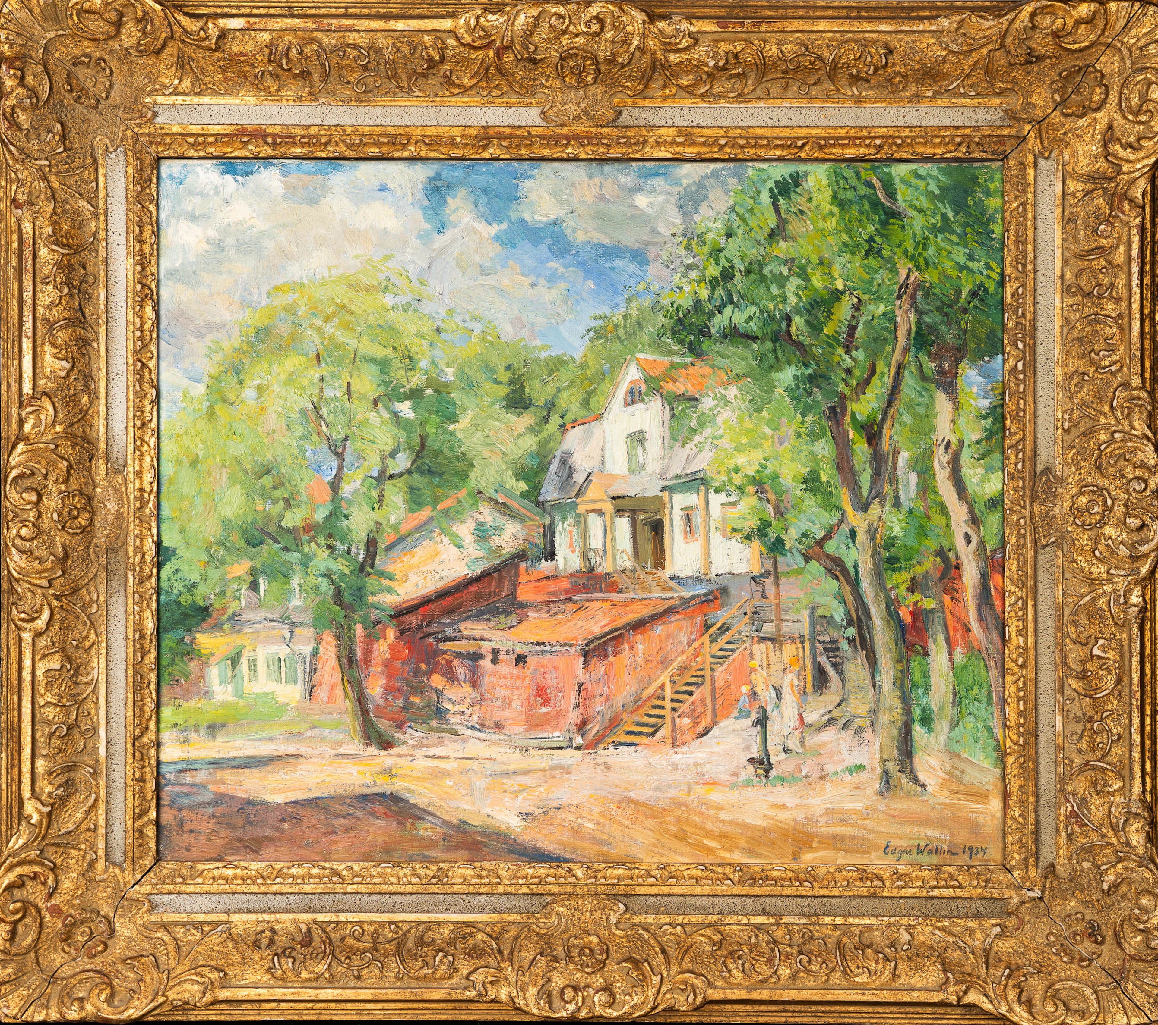 EDGAR WALLIN. Olja på duk, Hus i landskap, Signerad och daterad 1934.