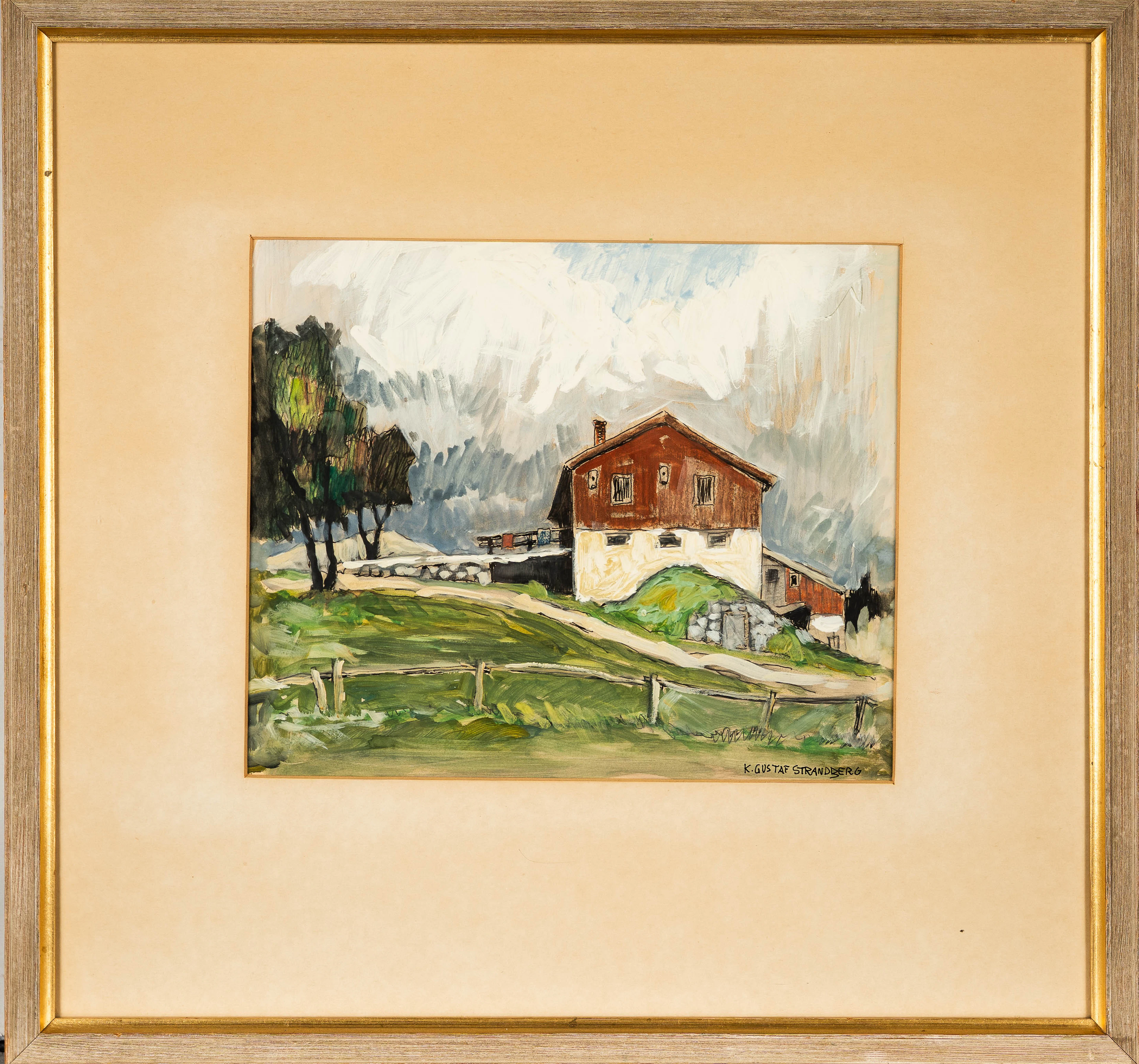 KARL GUSTAF STRANDBERG. Blandteknik på papper, Hus i landskap, Signerad.